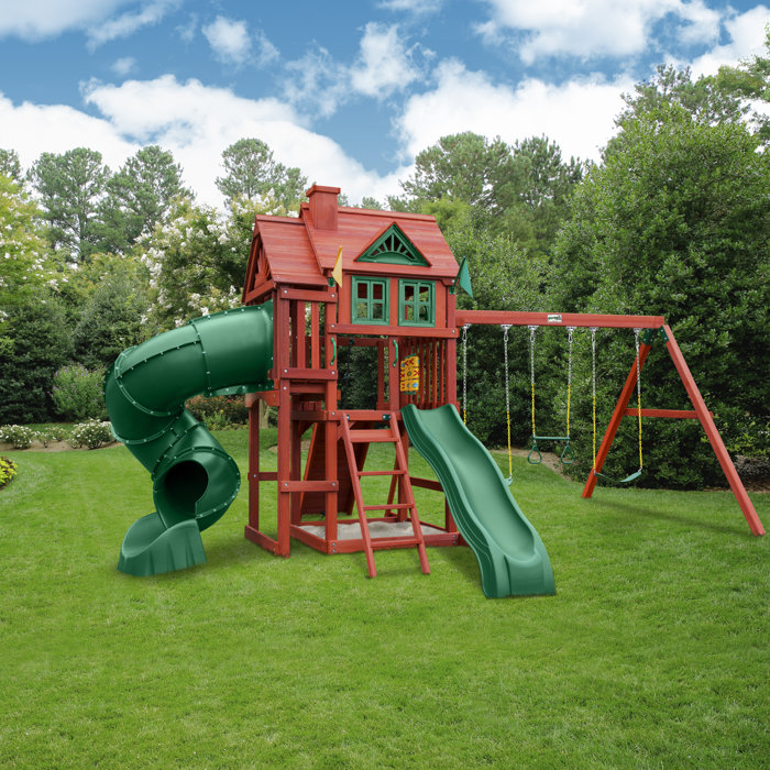 Gorilla Playsets Nantucket Deluxe Swing Set with Wood Roof Wayfair
